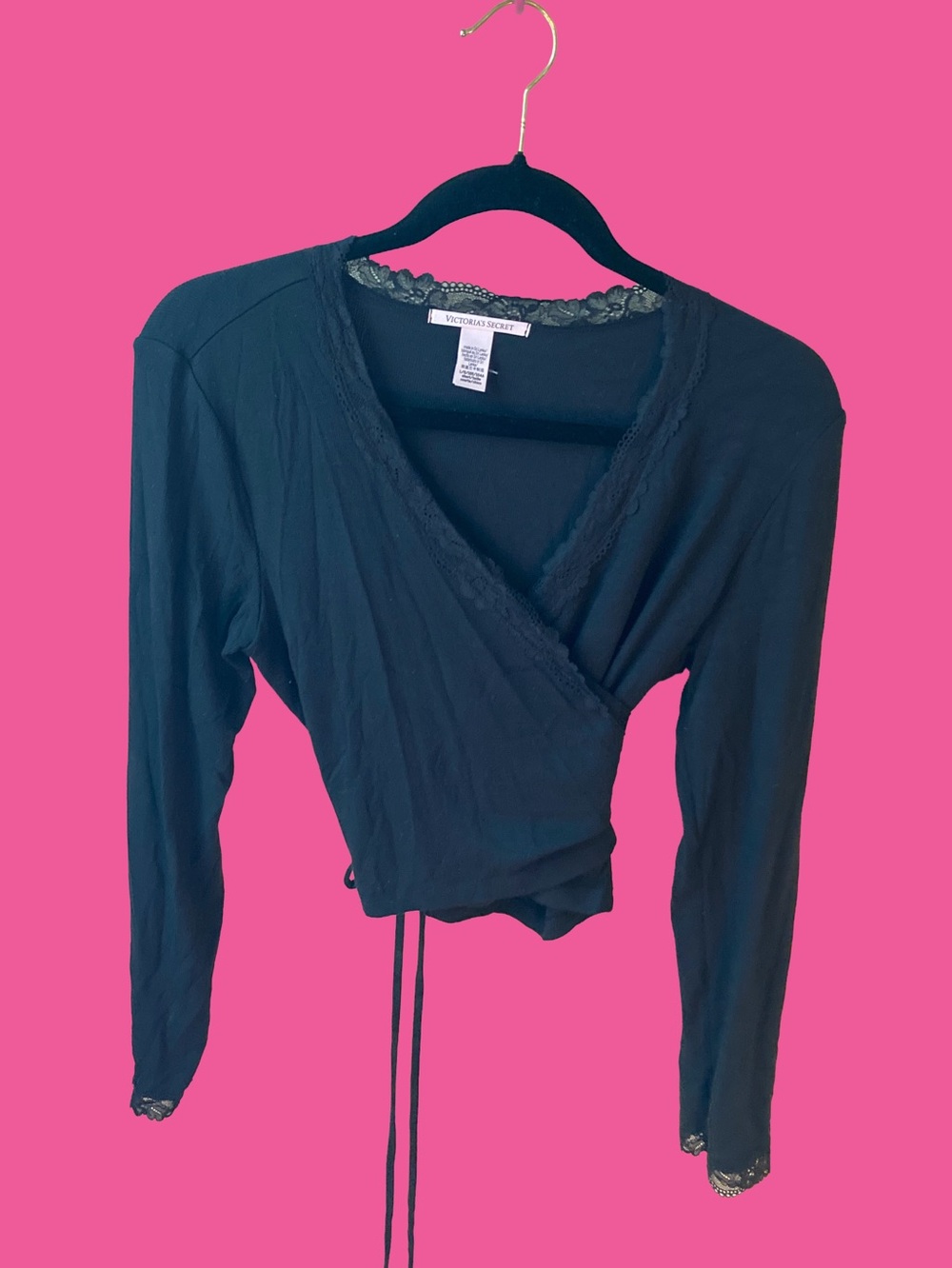 Victoria's Secret Modal Black Ribbed Long Sleeve Lace Wrap Crop Top Size Large